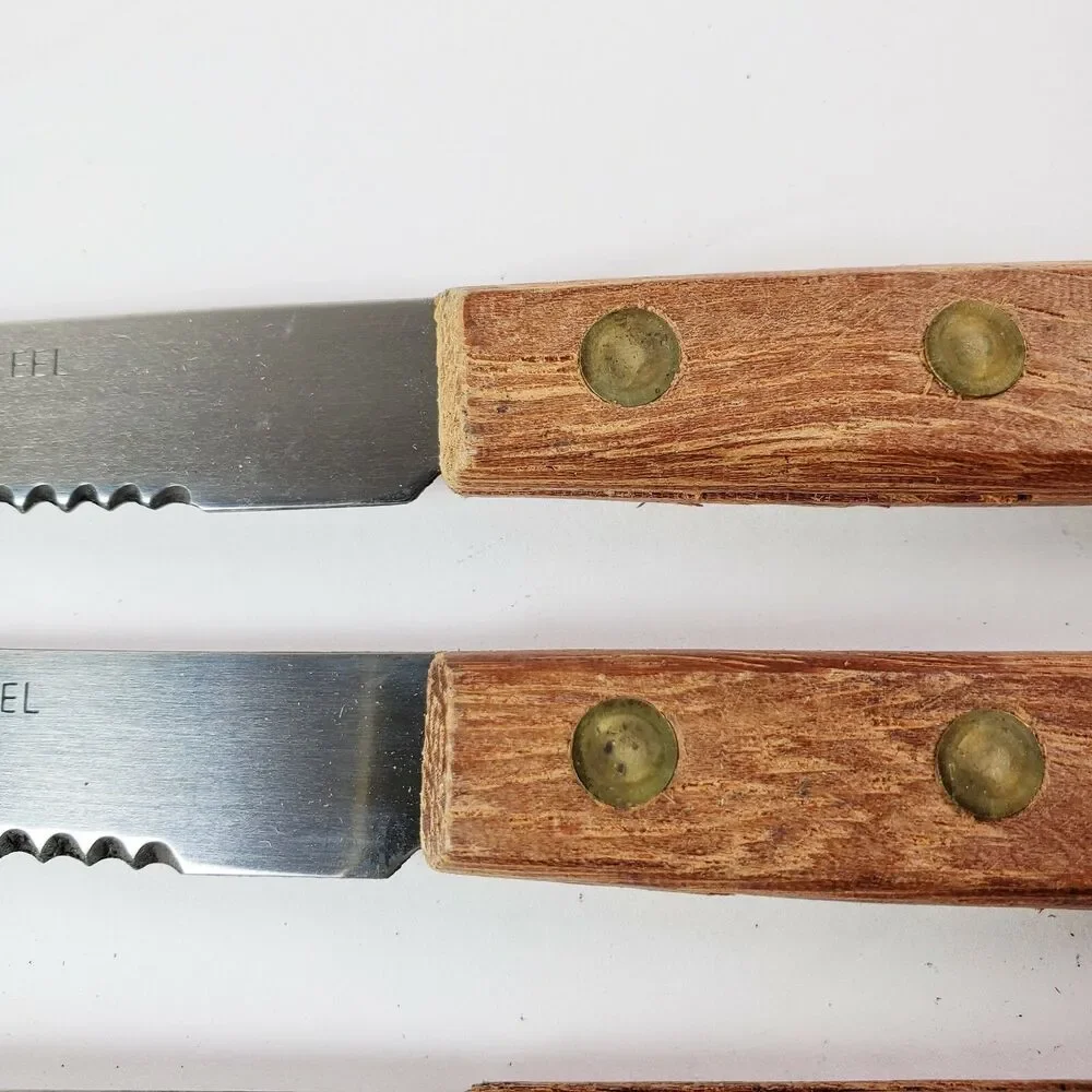 Vtg Champion 6 Pc Steak Knives Serrated Wood Riveted Handles Kitchen Utensils